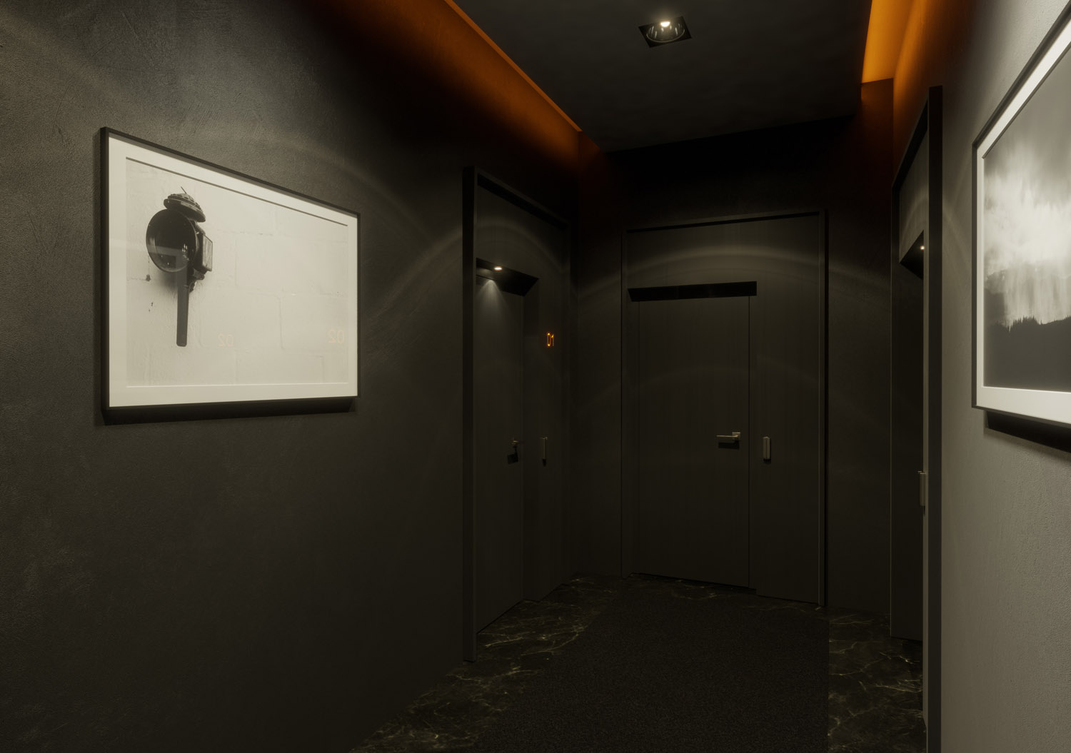 Wizualizacja 3D - wnętrza hotelowe - korytarz