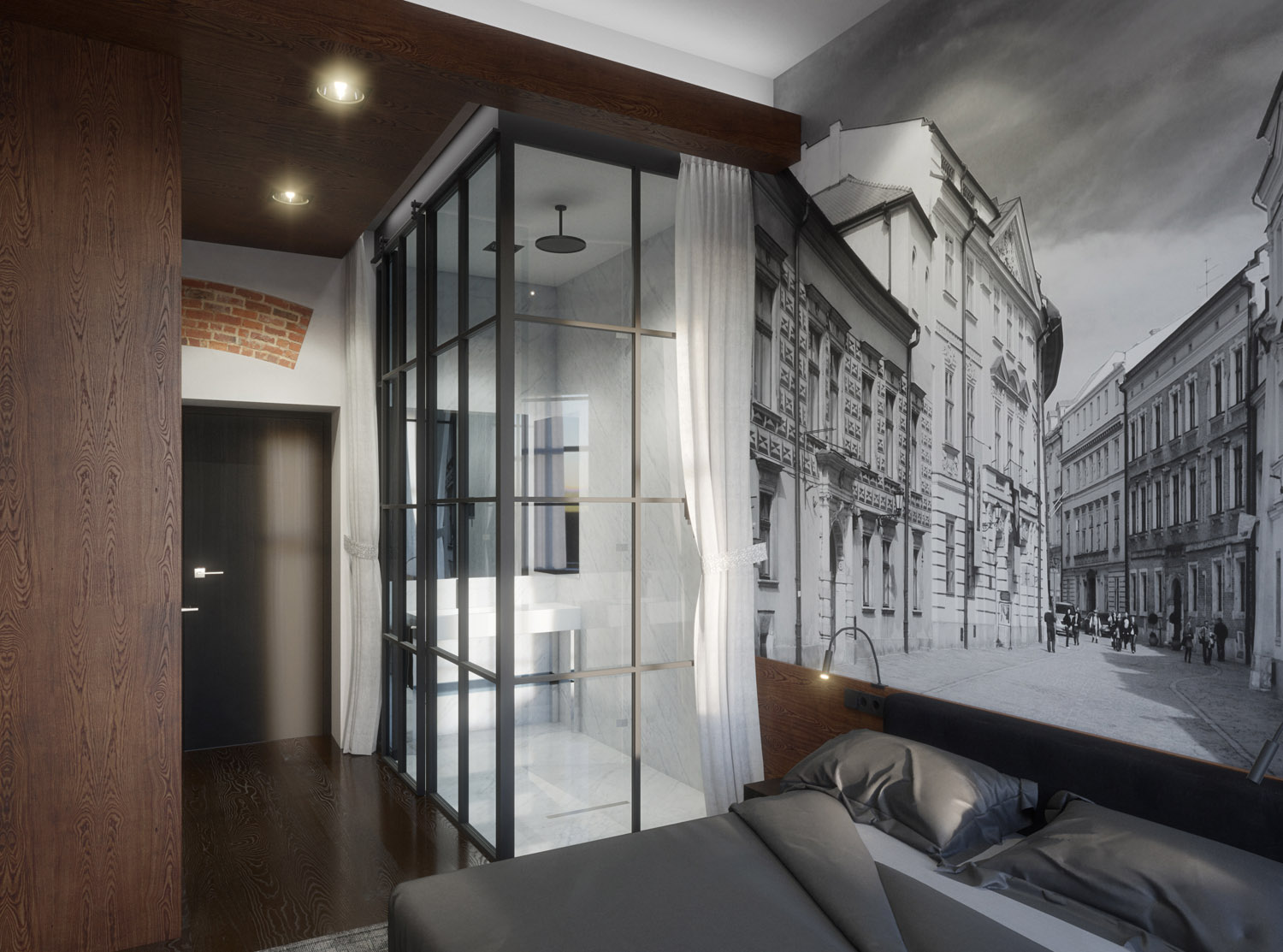 Hotel room in black and white - 3D visualization