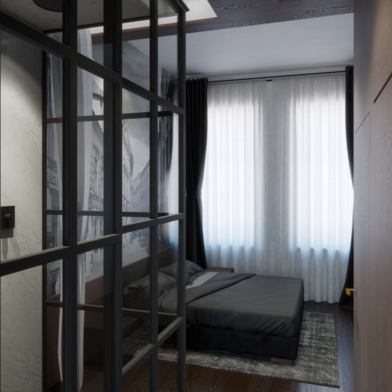 Hotel room in black and white - 3D visualization